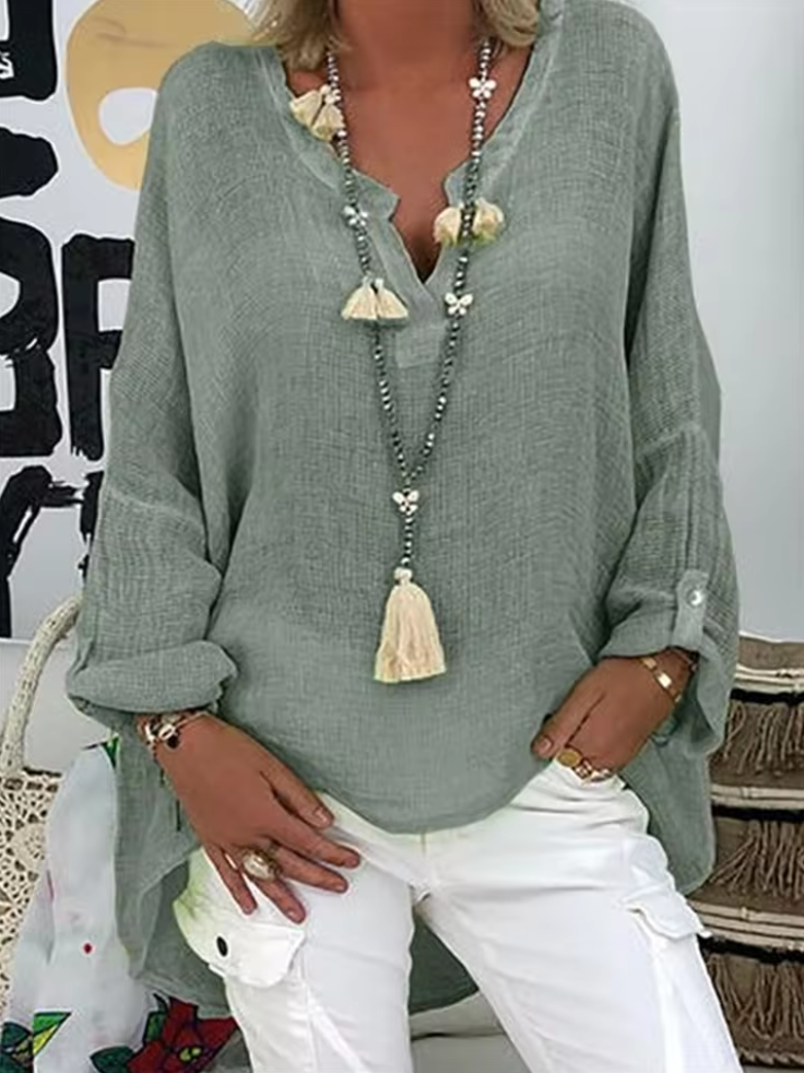 Azure Breeze Relaxed Linen Blouse with Effortless Flow For Women