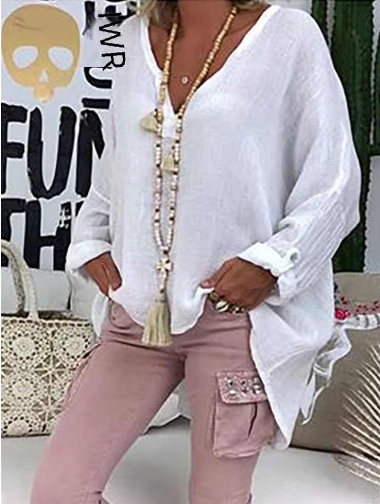Azure Breeze Relaxed Linen Blouse with Effortless Flow For Women