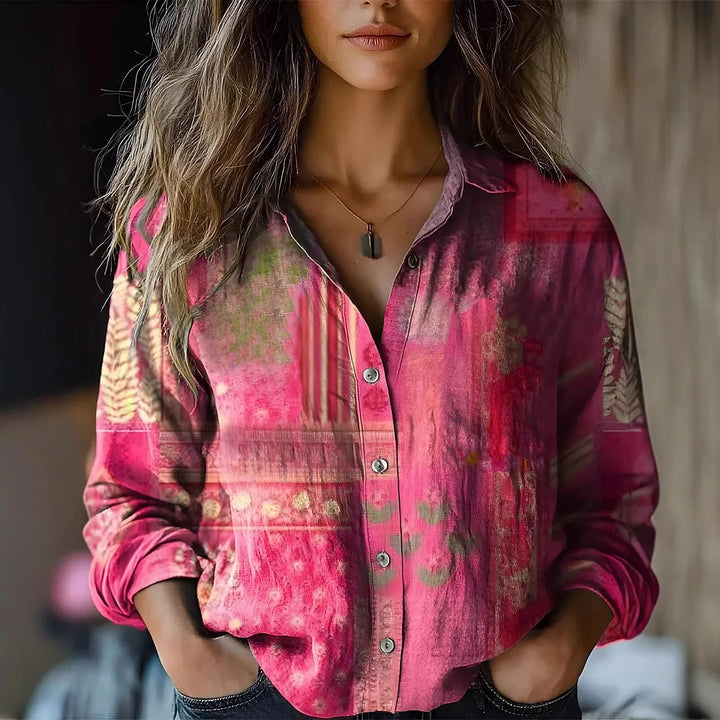 Women's Boho Print Long Sleeve Button-Up Blouse