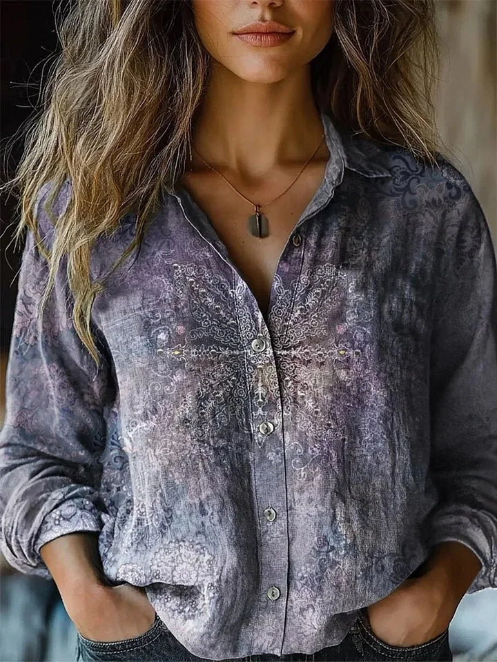 Women's Boho Print Long Sleeve Button-Up Blouse