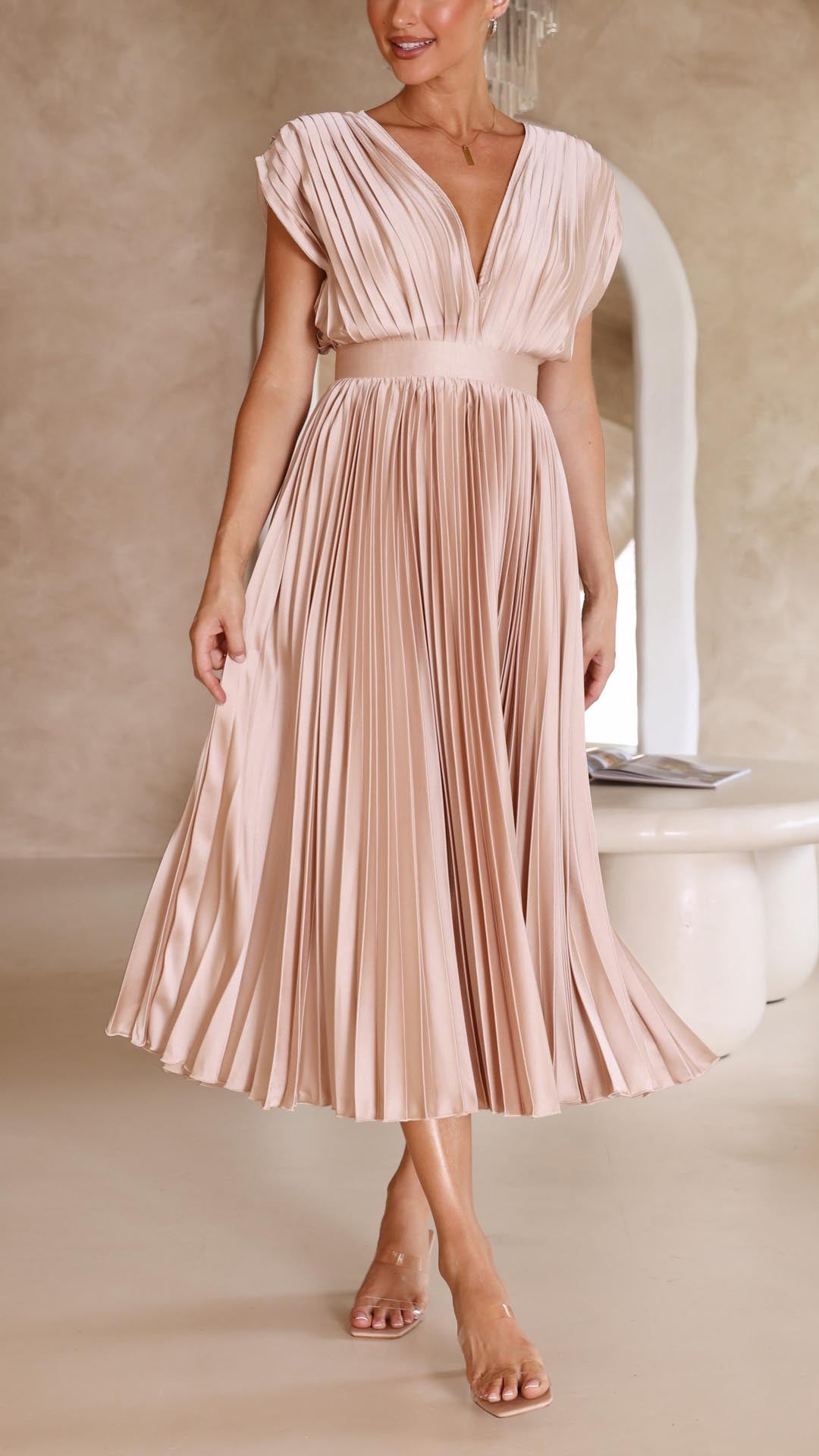Fall Wedding Guest Pleated Maxi Dress