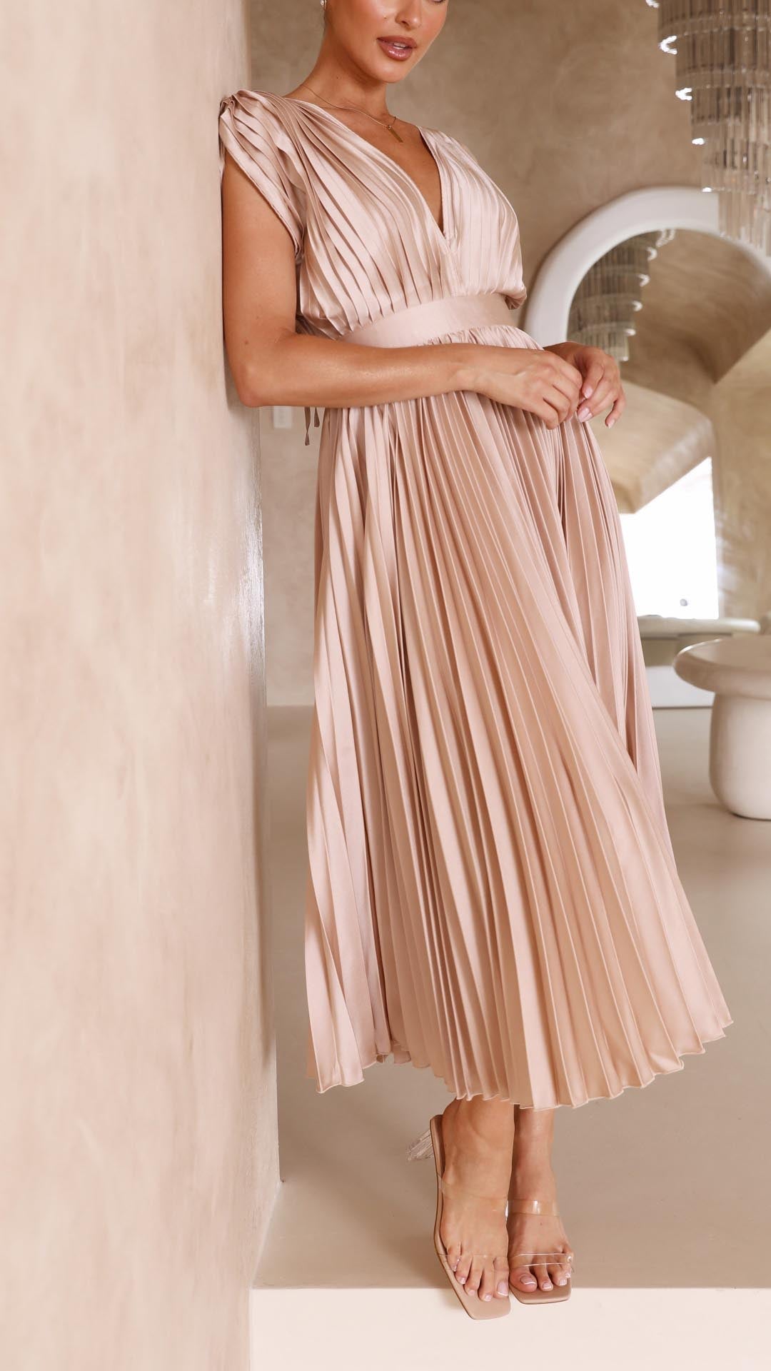 Fall Wedding Guest Pleated Maxi Dress