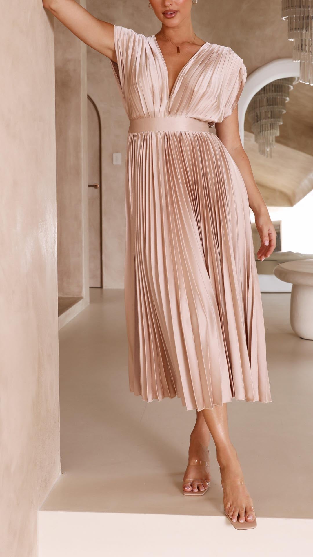 Fall Wedding Guest Pleated Maxi Dress