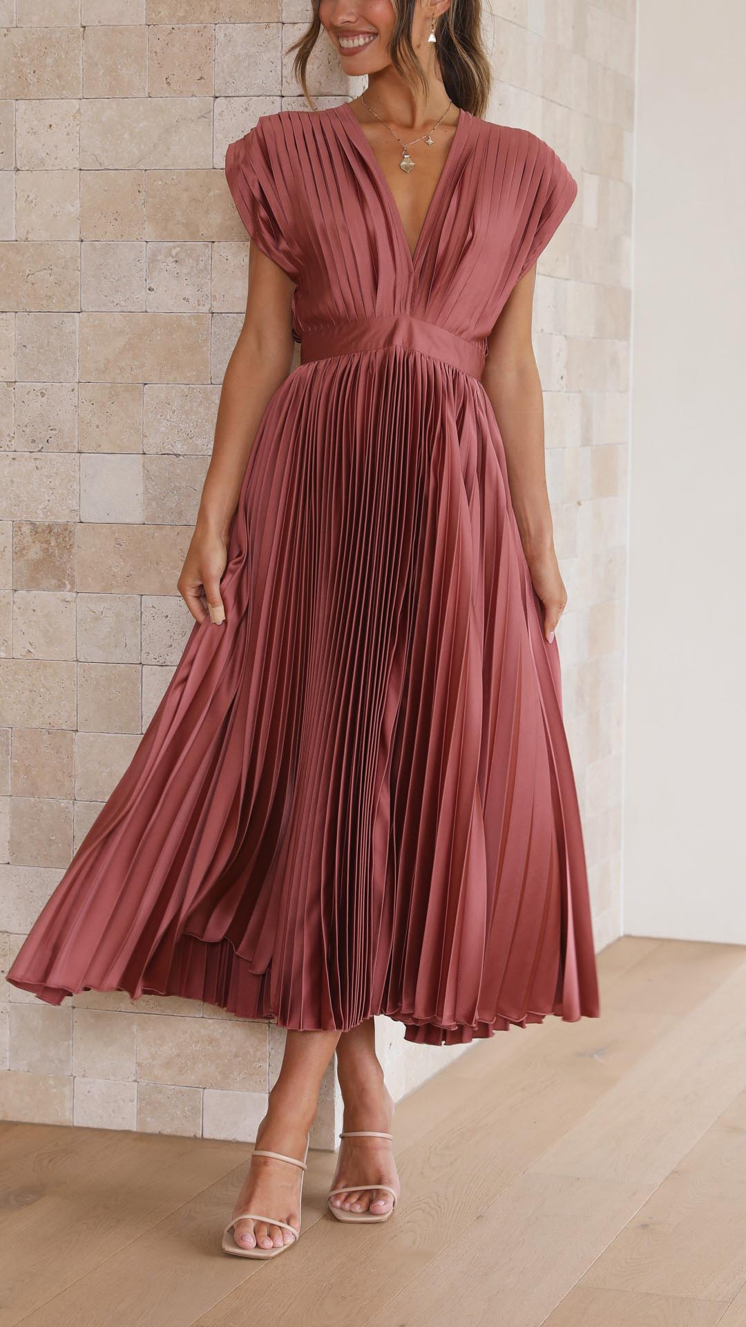 Fall Wedding Guest Pleated Maxi Dress