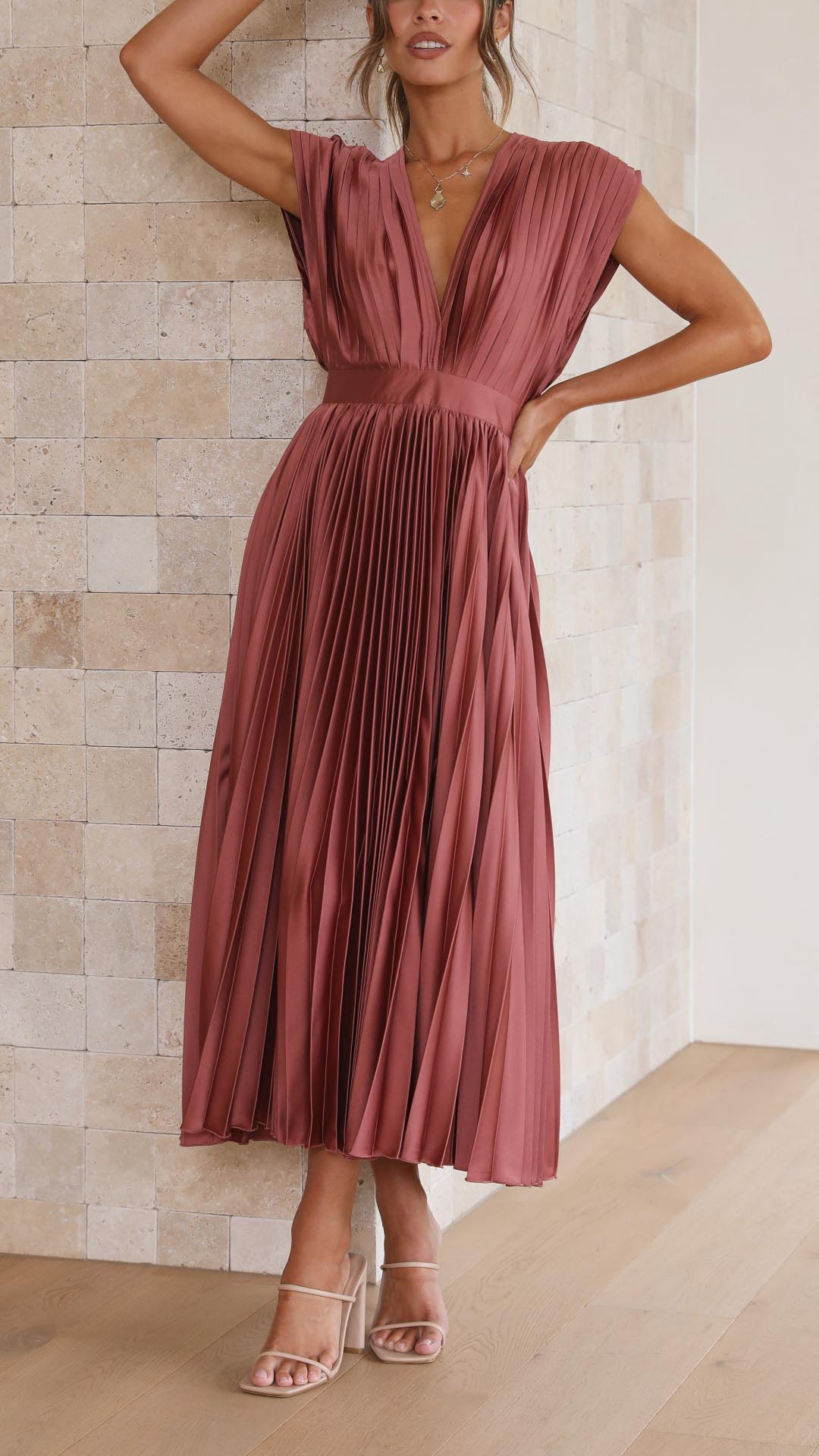 Fall Wedding Guest Pleated Maxi Dress
