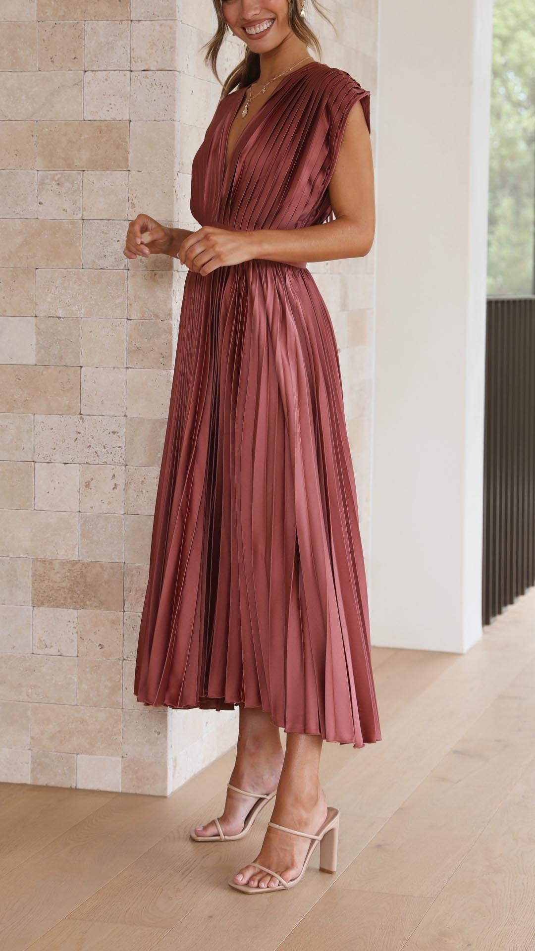 Fall Wedding Guest Pleated Maxi Dress