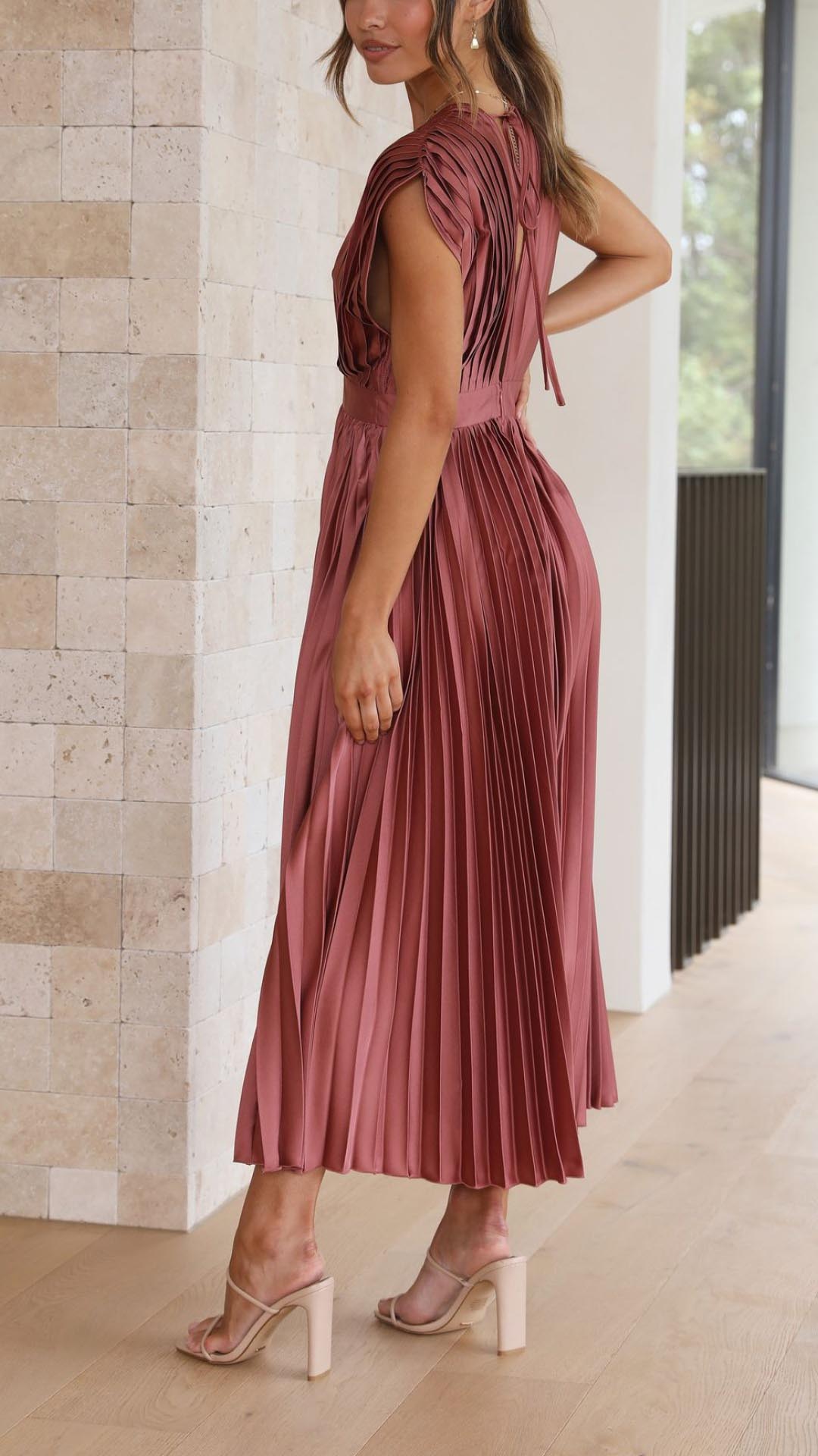 Fall Wedding Guest Pleated Maxi Dress