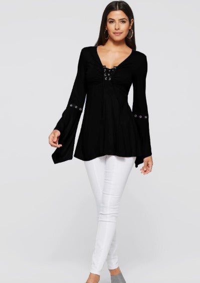 Lace-Up Flare Sleeve Blouse For Women