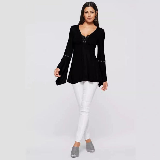 Lace-Up Flare Sleeve Blouse For Women