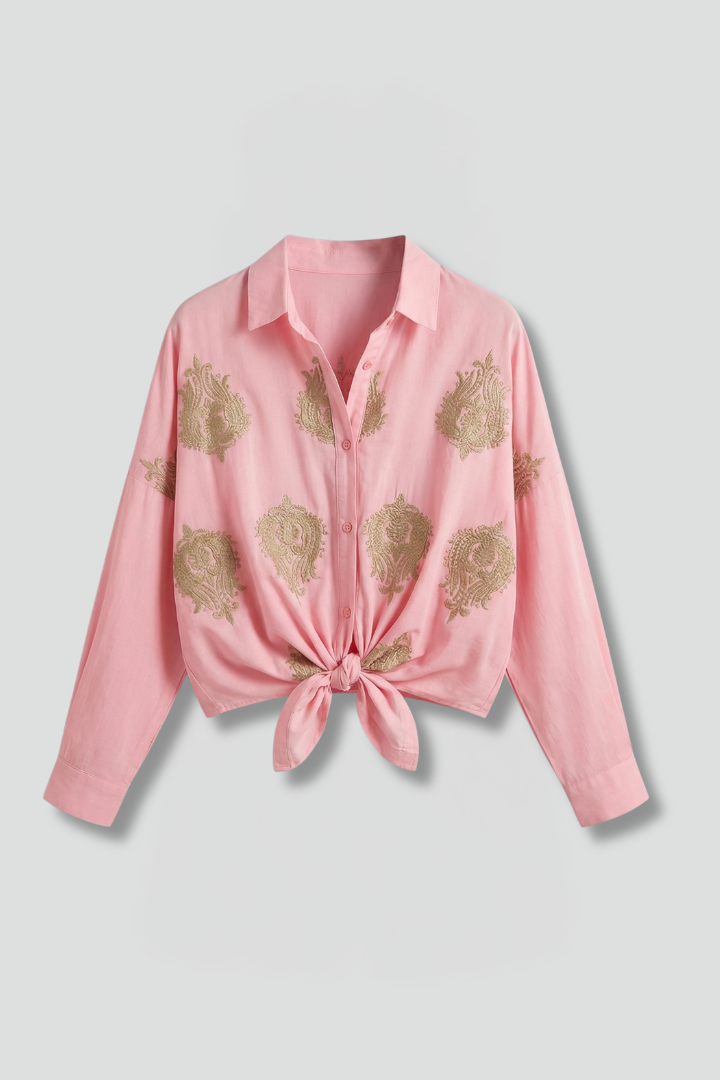 Paisley Embroidered Tie-Front Blouse For Women