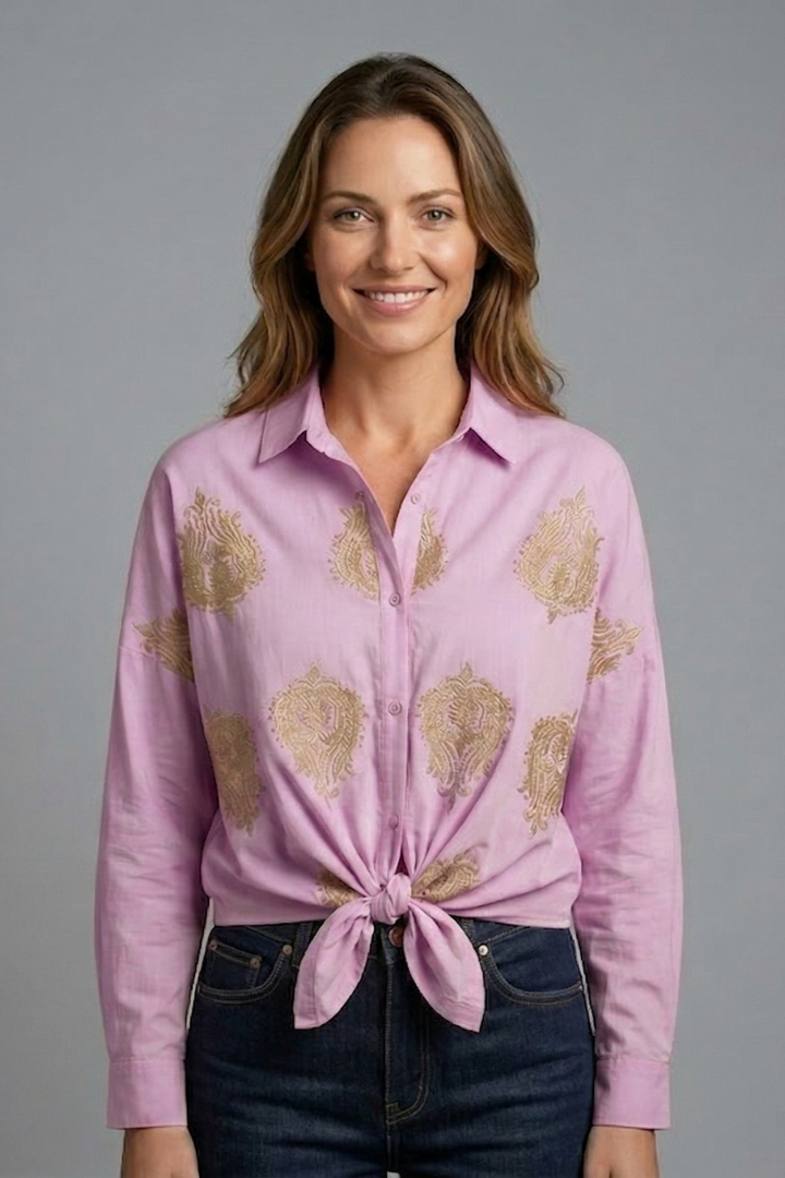 Paisley Embroidered Tie-Front Blouse For Women