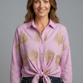Paisley Embroidered Tie-Front Blouse For Women