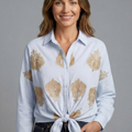 Paisley Embroidered Tie-Front Blouse For Women