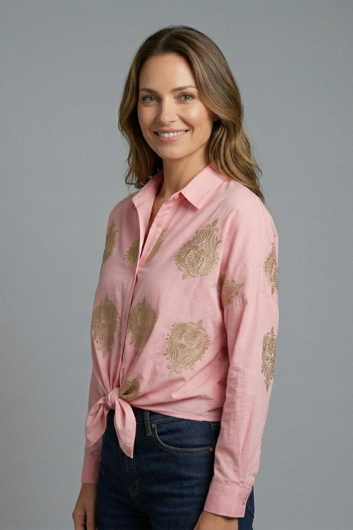 Paisley Embroidered Tie-Front Blouse For Women