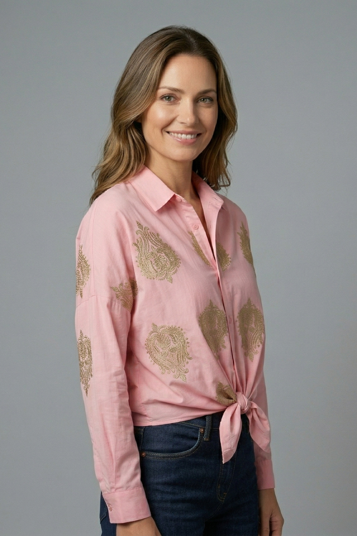 Paisley Embroidered Tie-Front Blouse For Women