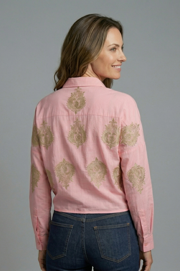 Paisley Embroidered Tie-Front Blouse For Women