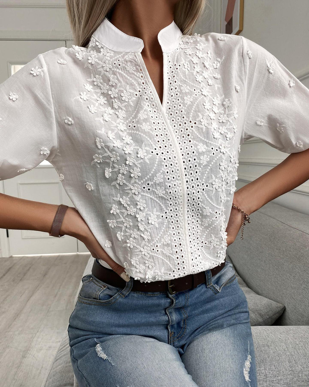Women's Blouse Floral Embroidered | Sleeve