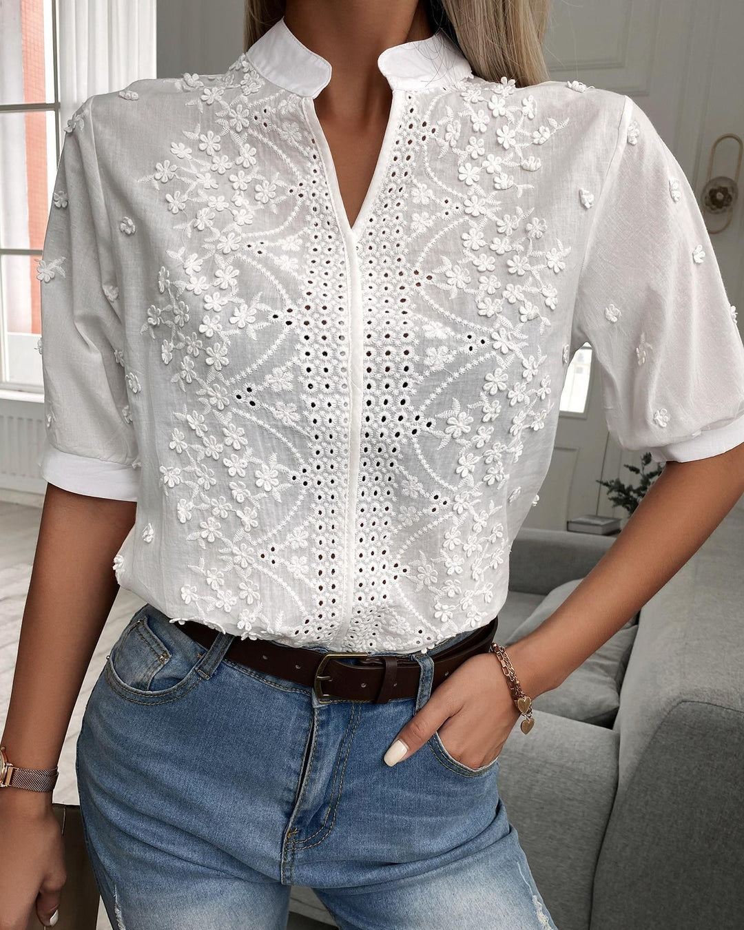 Women's Blouse Floral Embroidered | Sleeve