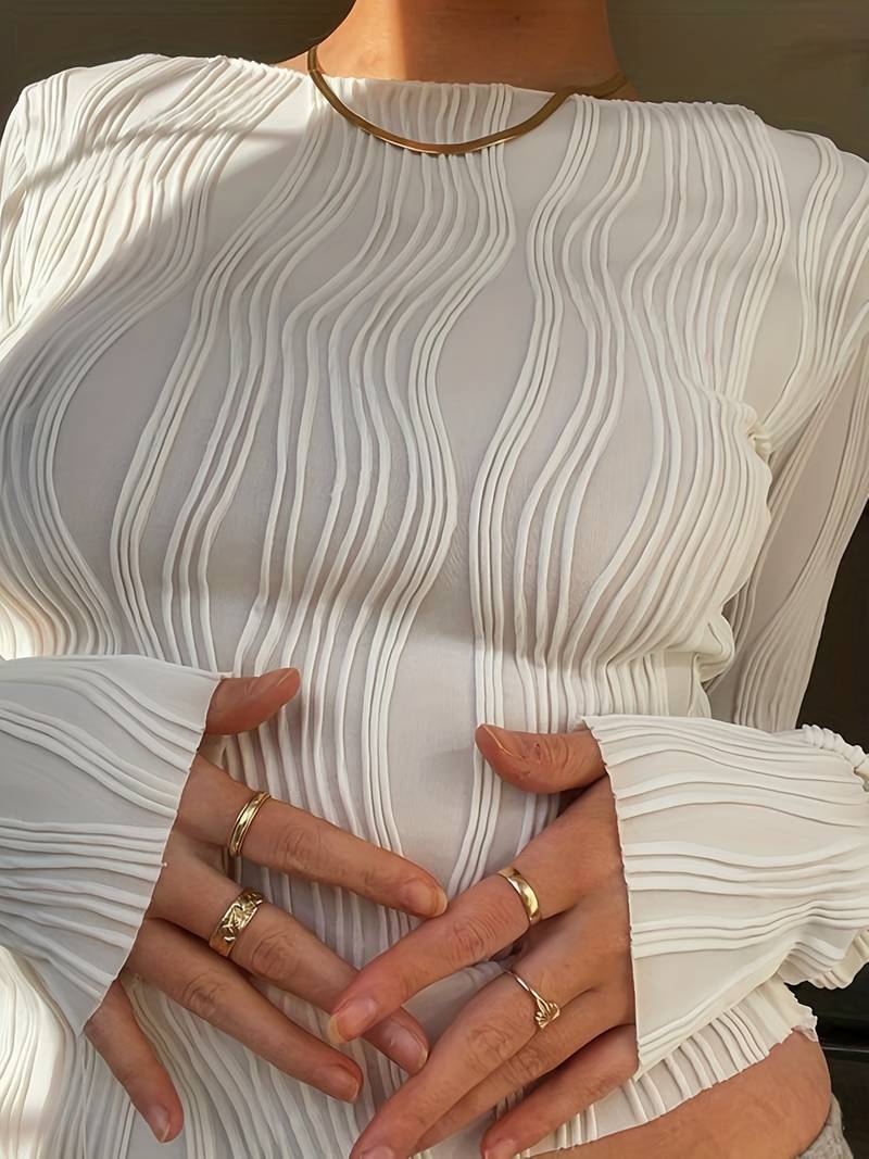 Women's Cropped Long Sleeve Top Wave Texture | Puff Cuff
