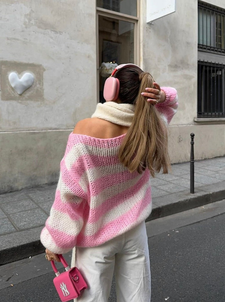 Oversized Striped Knit Sweater With Cozy Luxe Appeal For Women