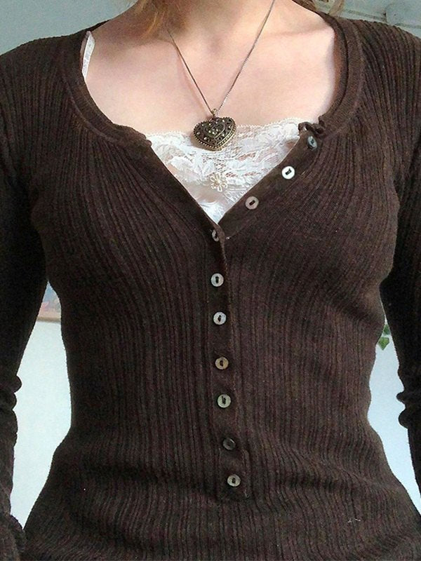 Women's Long Sleeve Brown Top with Ribbed Knit & Button Front | V Neck