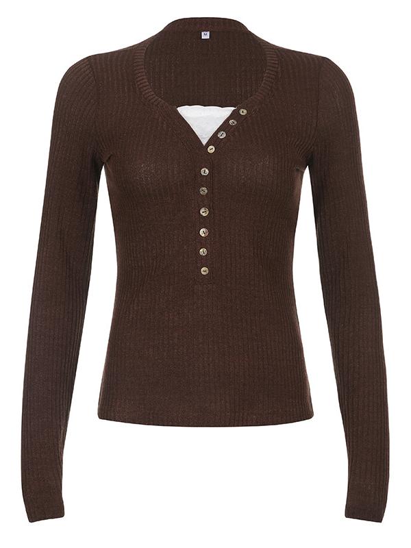Women's Long Sleeve Brown Top with Ribbed Knit & Button Front | V Neck