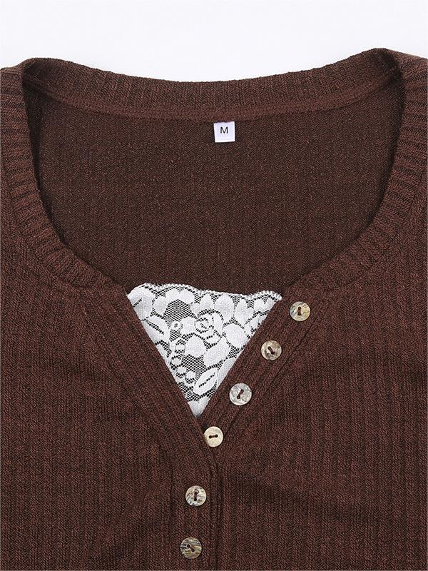 Women's Long Sleeve Brown Top with Ribbed Knit & Button Front | V Neck