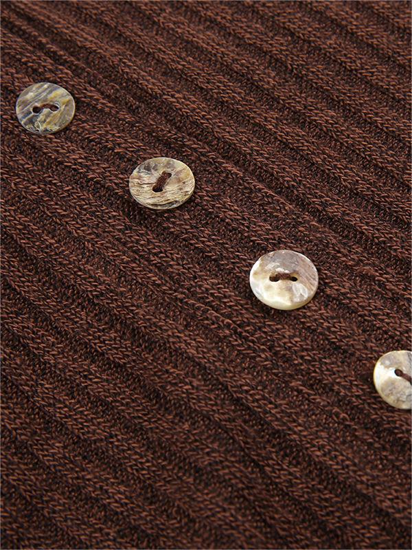 Women's Long Sleeve Brown Top with Ribbed Knit & Button Front | V Neck