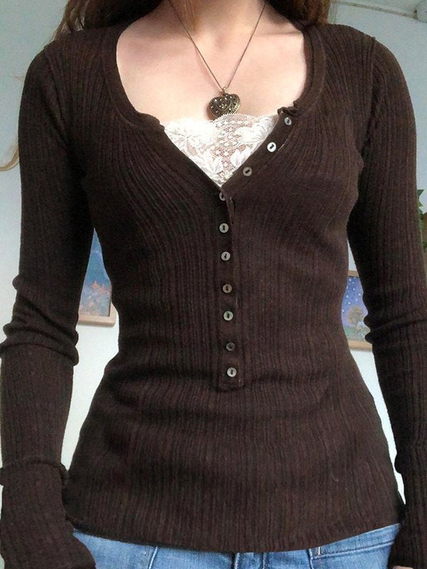 Women's Long Sleeve Brown Top with Ribbed Knit & Button Front | V Neck