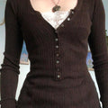 Women's Long Sleeve Brown Top with Ribbed Knit & Button Front | V Neck