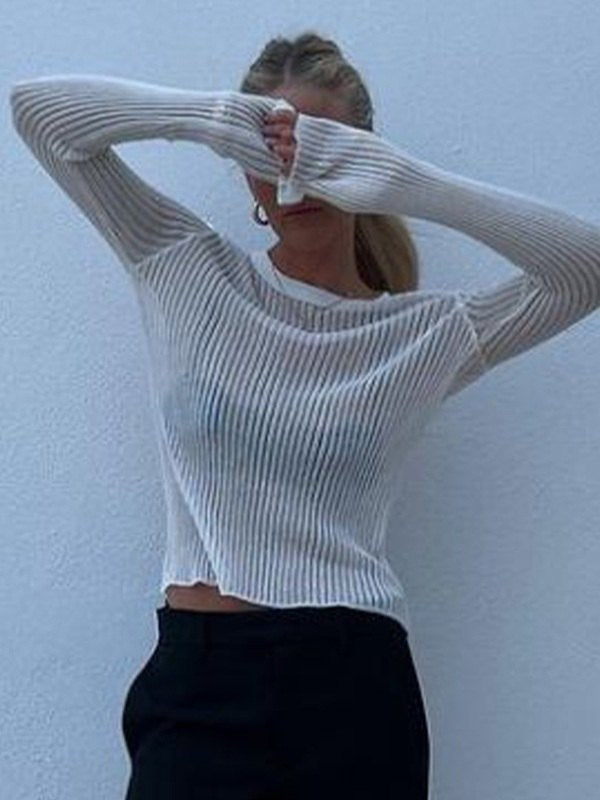 Women's Long Sleeve Top with Ribbed Knit & Crew Neck | Fitted