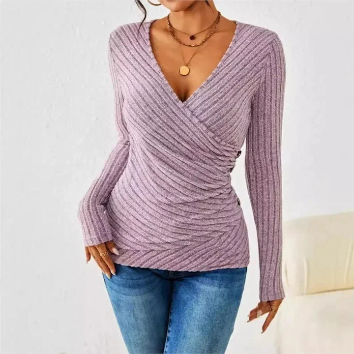 Women's Long Sleeve Tops Wrap V-Neck Ribbed | Ruched