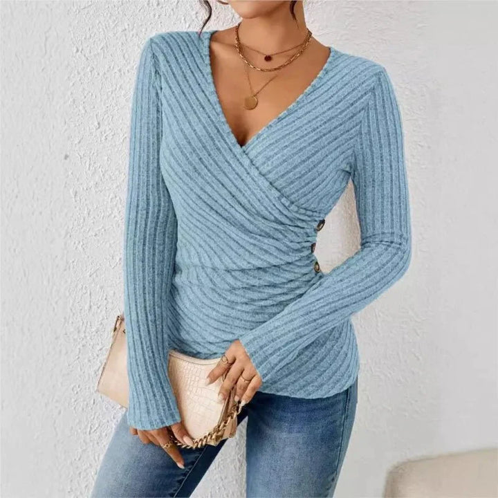 Women's Long Sleeve Tops Wrap V-Neck Ribbed | Ruched