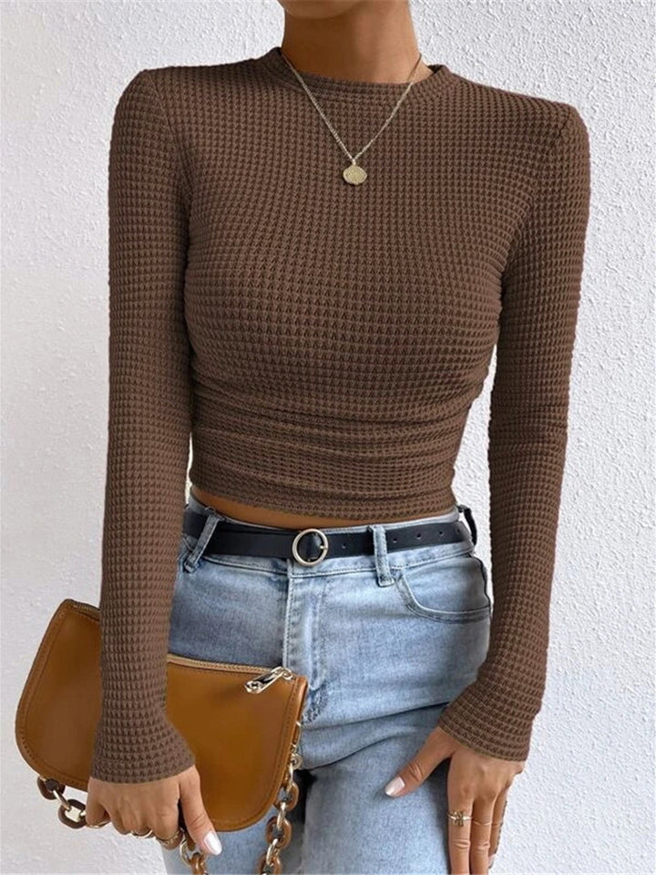 Women's Long Sleeve Tops with Waffle Knit | Crew Neck