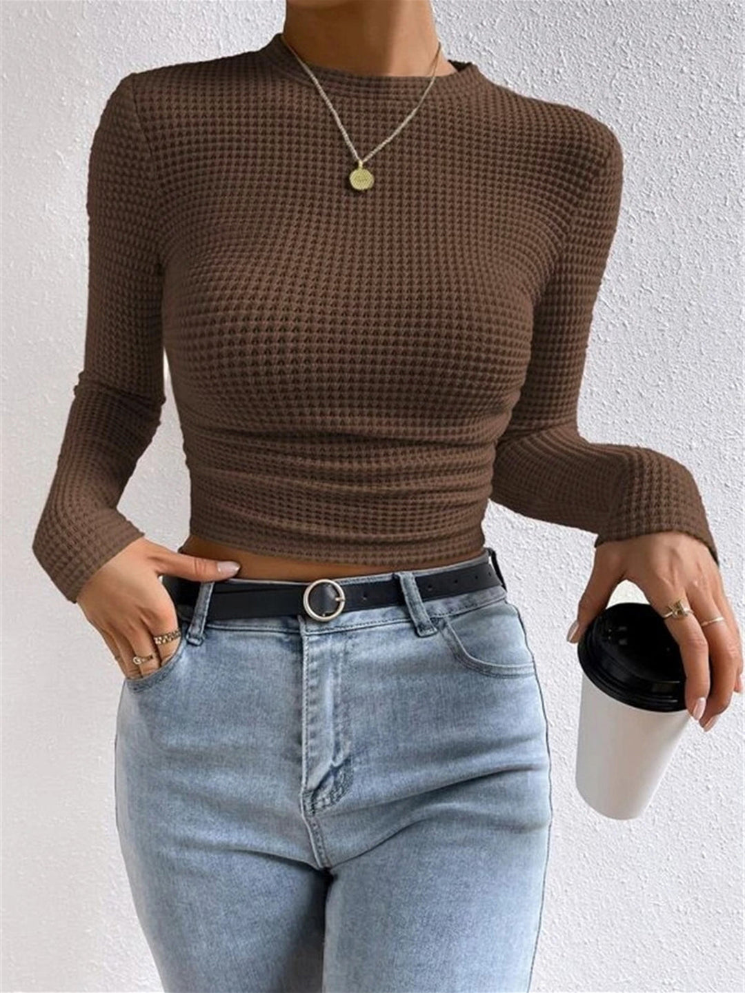 Women's Long Sleeve Tops with Waffle Knit | Crew Neck