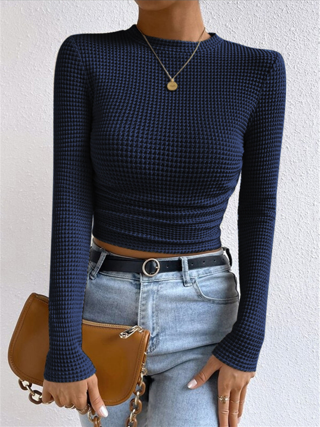 Women's Long Sleeve Tops with Waffle Knit | Crew Neck