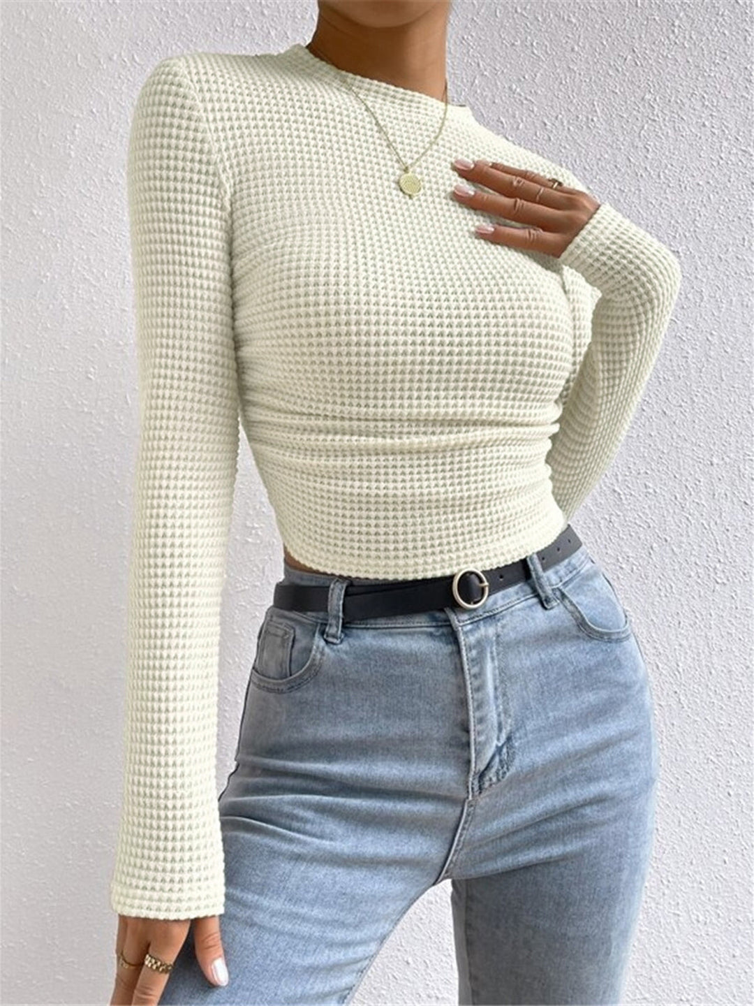 Women's Long Sleeve Tops with Waffle Knit | Crew Neck