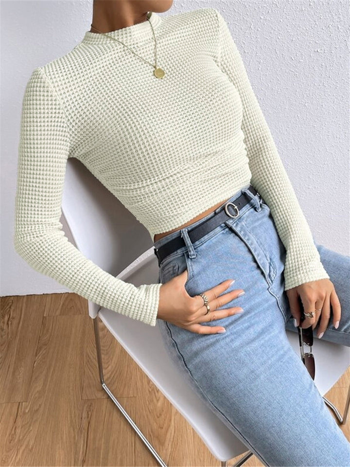 Women's Long Sleeve Tops with Waffle Knit | Crew Neck