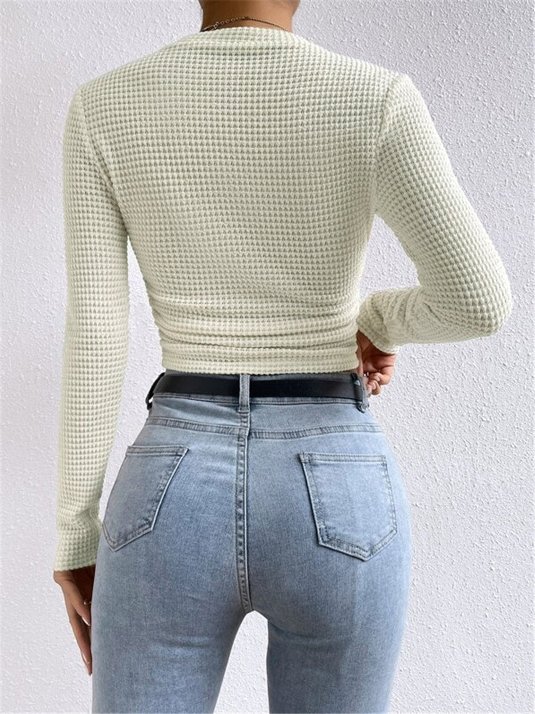 Women's Long Sleeve Tops with Waffle Knit | Crew Neck