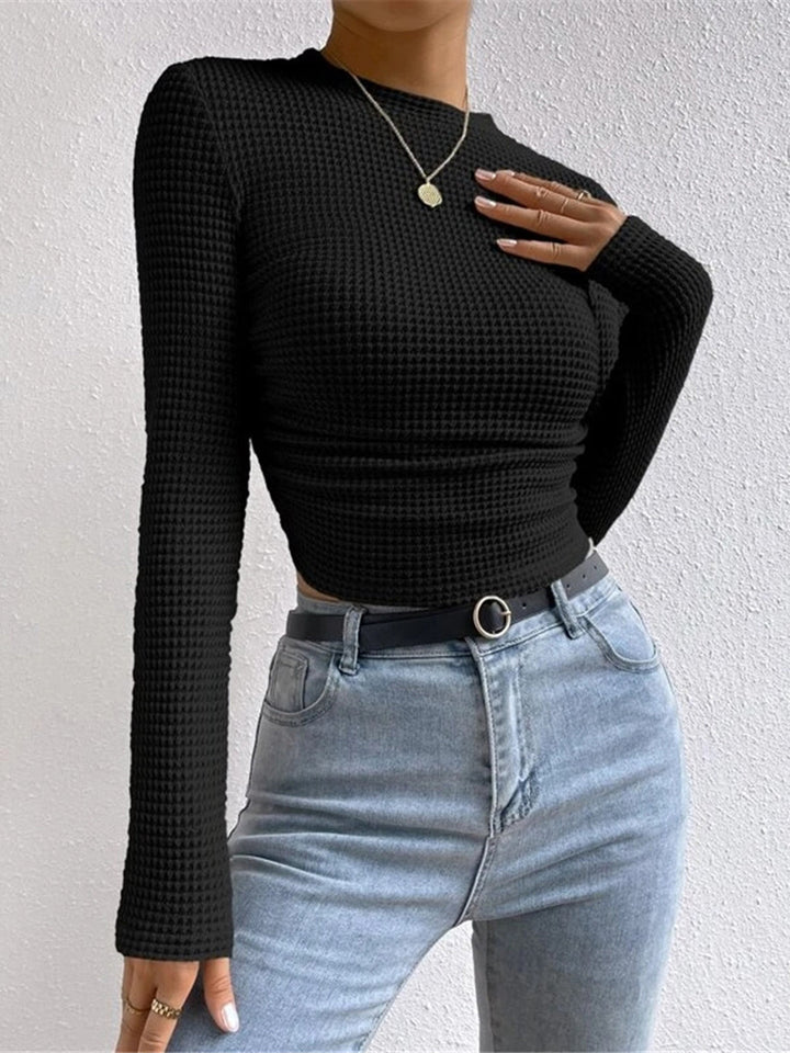 Women's Long Sleeve Tops with Waffle Knit | Crew Neck
