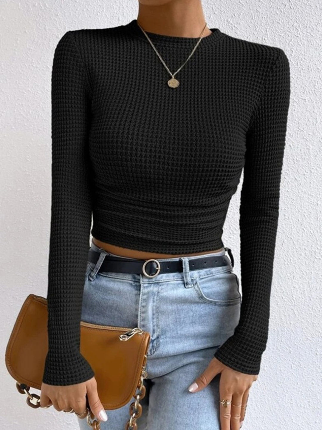 Women's Long Sleeve Tops with Waffle Knit | Crew Neck