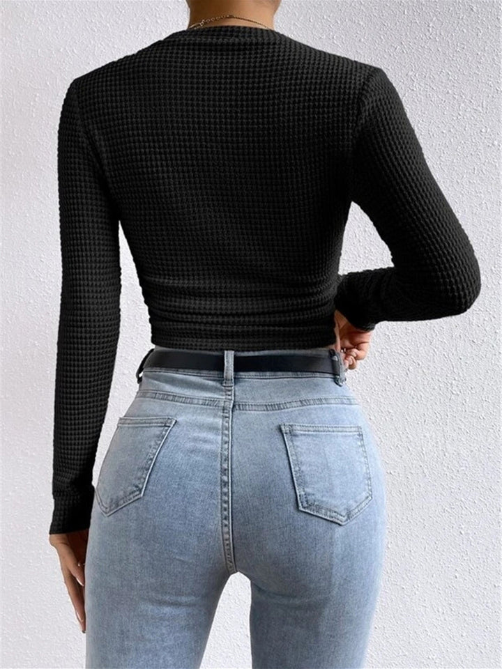 Women's Long Sleeve Tops with Waffle Knit | Crew Neck