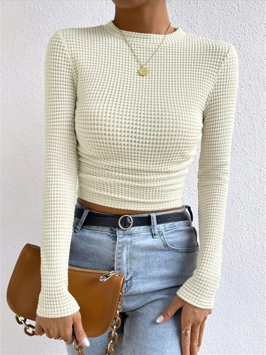 Women's Long Sleeve Tops with Waffle Knit | Crew Neck