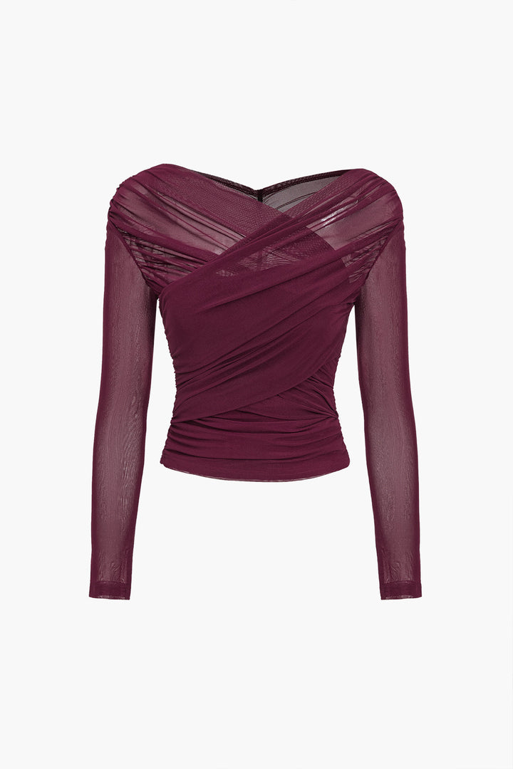 Ruched Wrap Mesh Top For Women