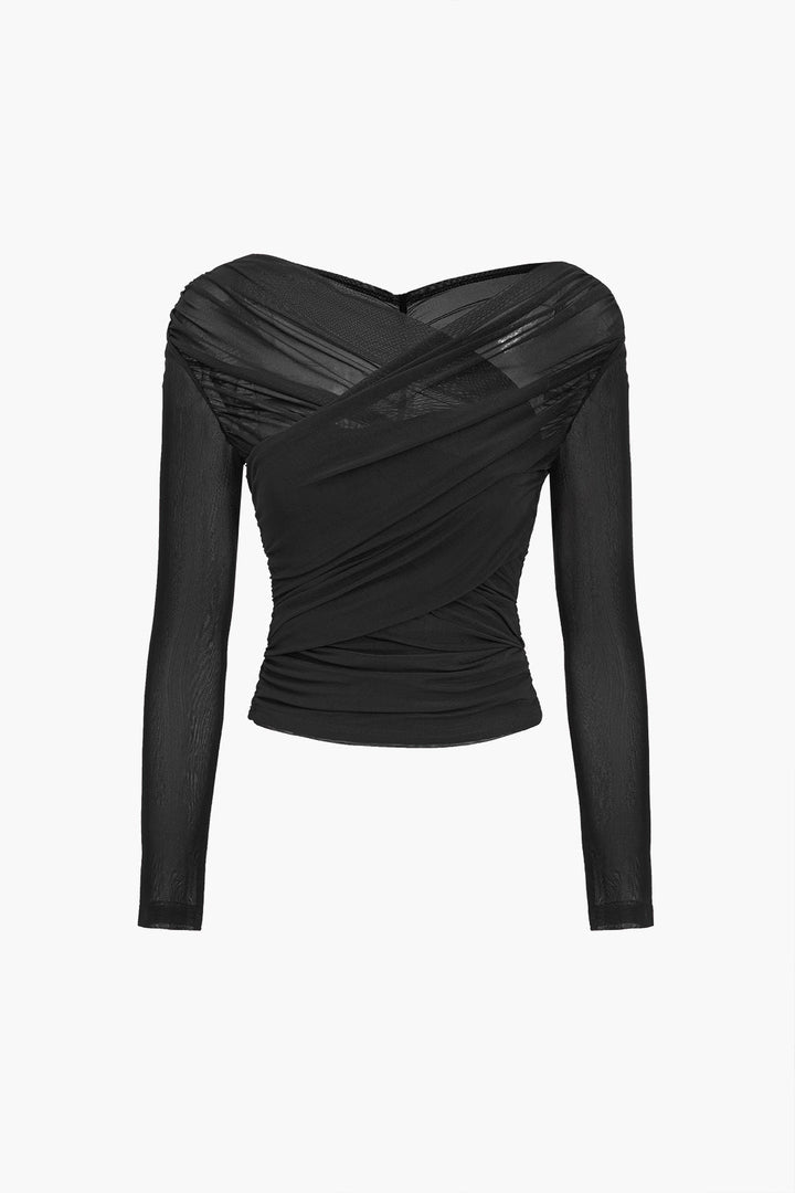 Ruched Wrap Mesh Top For Women