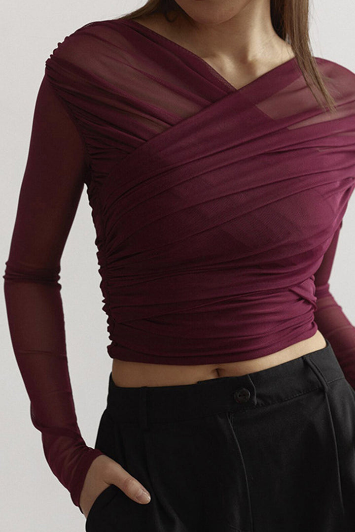 Ruched Wrap Mesh Top For Women
