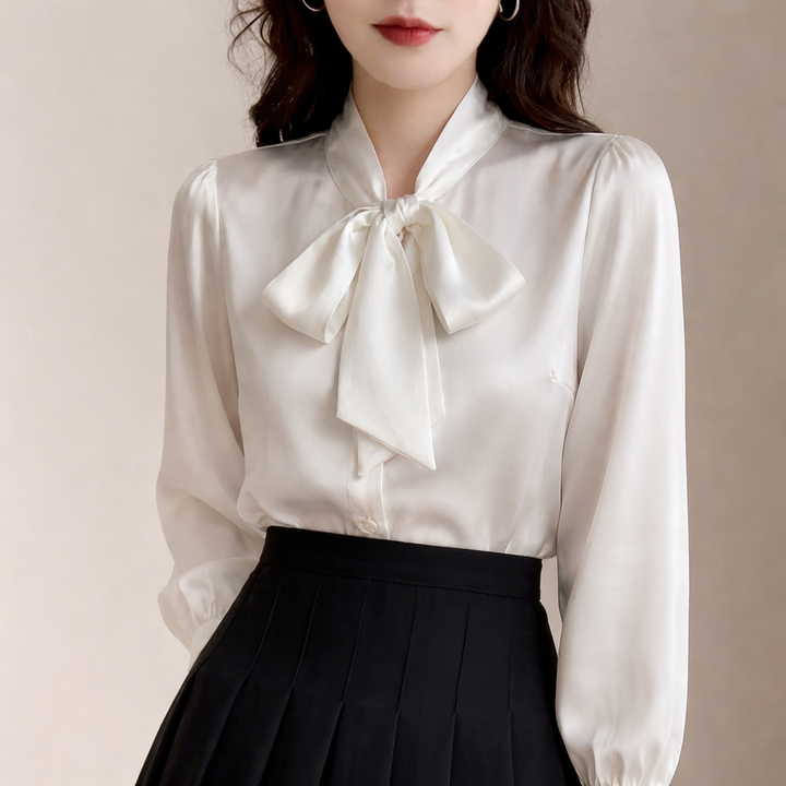 Elegant Tie-Neck Blouse with Satin Finish For Women