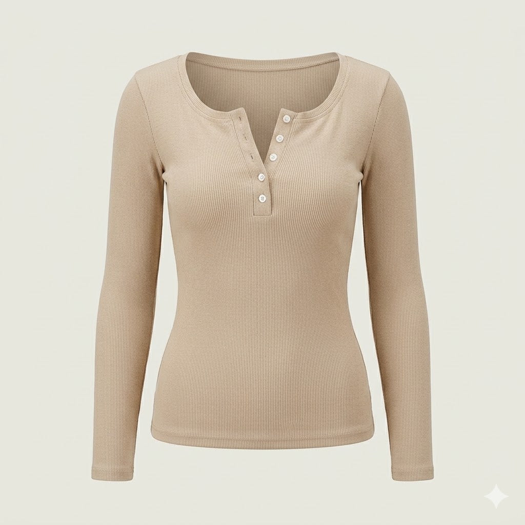 Ribbed Button Long Sleeve Top For Women