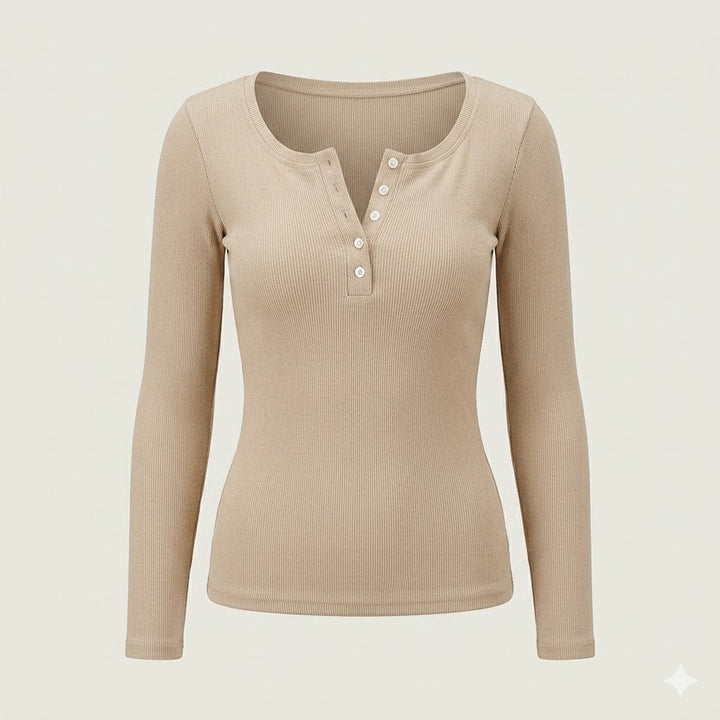 Ribbed Button Long Sleeve Top For Women