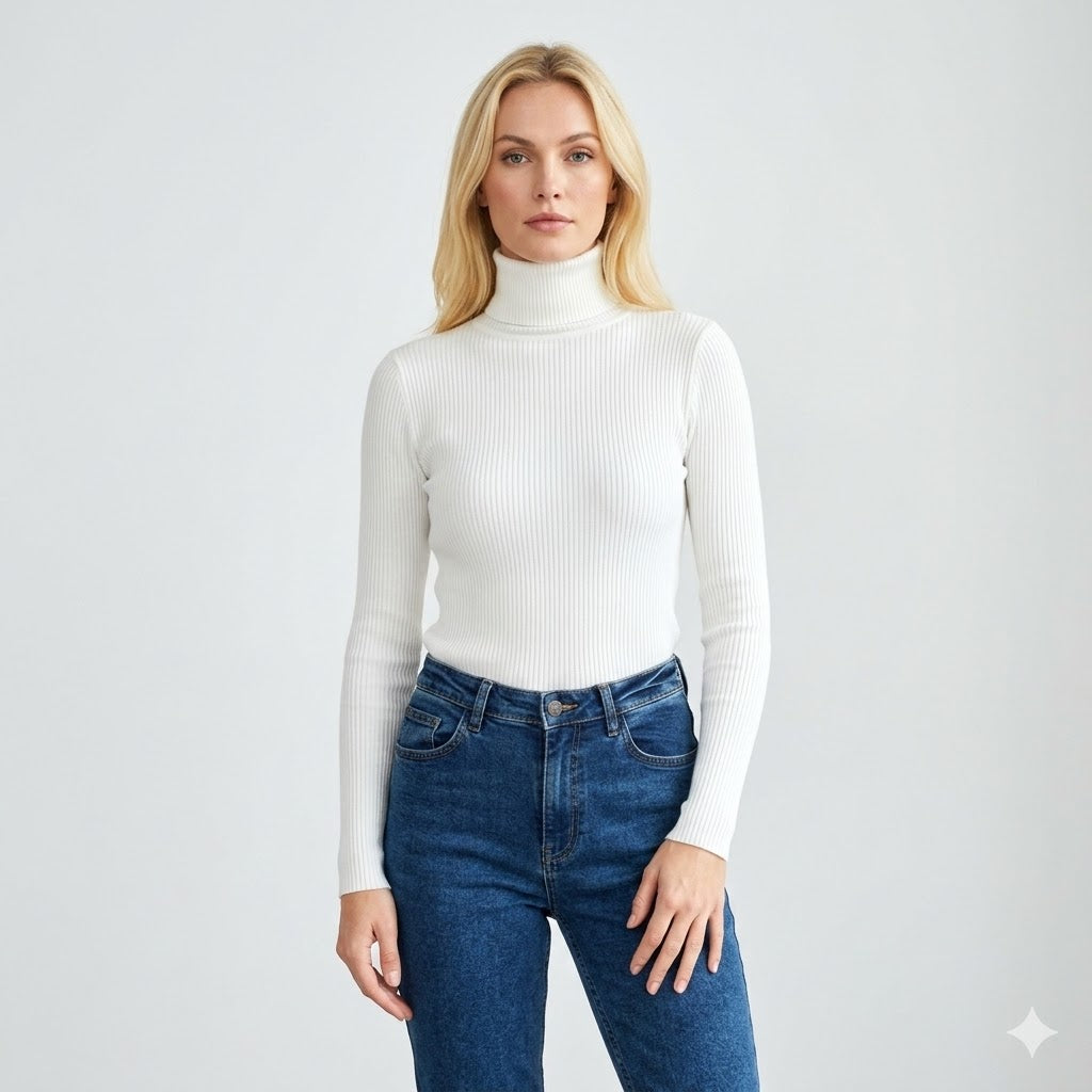 Ribbed Turtleneck Knit Top For Women